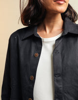 Surchemise/Veste signature Palasana unisexe Bleu Marino coupe droite, tissu épais Renforcement tissu au niveau des épaules Deux poches larges ouvertes Logo Palasana brodé au dos  100% Coton Drill Pima, la "soie d'Amérique du Sud" Tissu épais, confort optimal  Soyeux, doux, confortable Made in Peru Valorisation des savoir-faire  certifié Commerce équitable